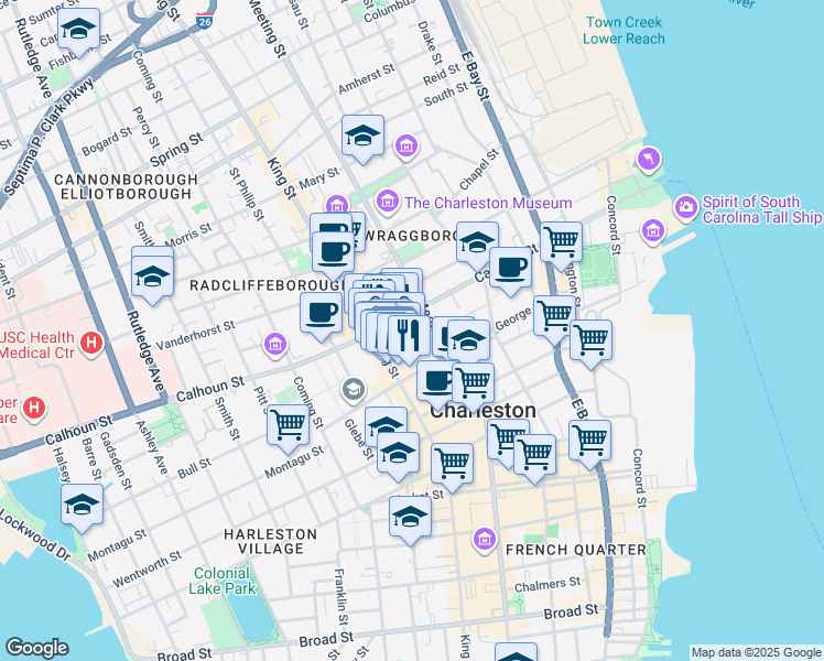 map of restaurants, bars, coffee shops, grocery stores, and more near 19 Burns Lane in Charleston
