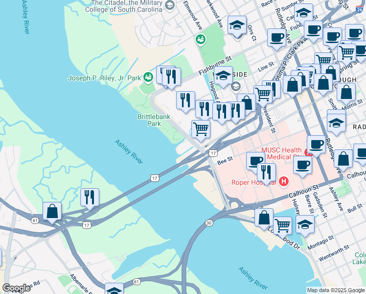 map of restaurants, bars, coffee shops, grocery stores, and more near in Charleston