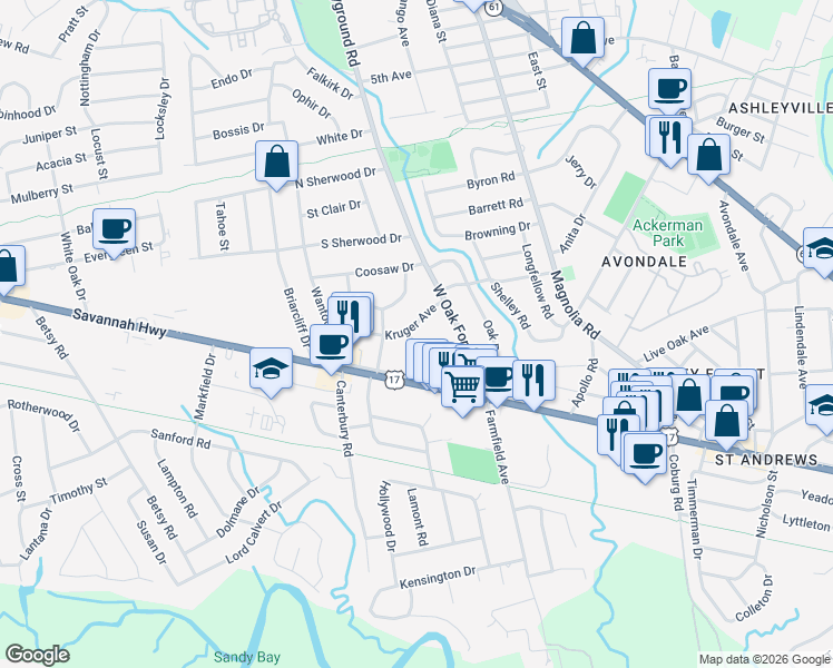 map of restaurants, bars, coffee shops, grocery stores, and more near 1224 Macqueen Avenue in Charleston