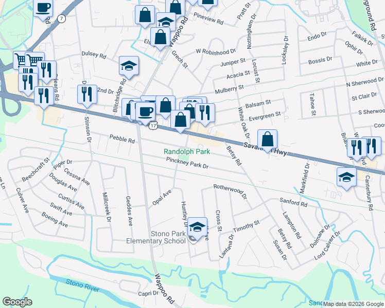 map of restaurants, bars, coffee shops, grocery stores, and more near 1684 Pinckney Park Drive in Charleston