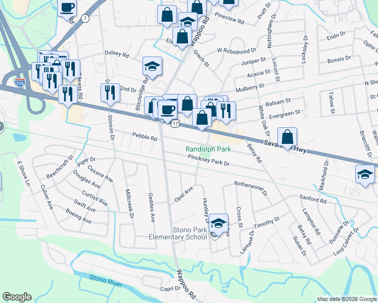 map of restaurants, bars, coffee shops, grocery stores, and more near 1718 Pinckney Park Drive in Charleston