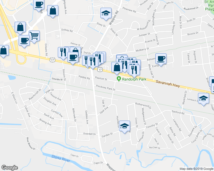 map of restaurants, bars, coffee shops, grocery stores, and more near 1735 Pinckney Park Drive in Charleston