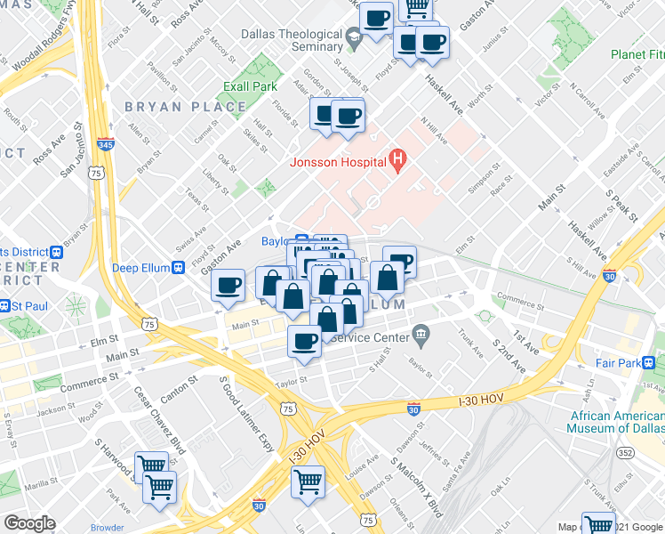 map of restaurants, bars, coffee shops, grocery stores, and more near 300 North Walton Street in Dallas