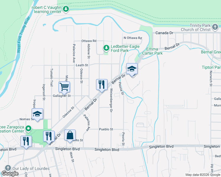 map of restaurants, bars, coffee shops, grocery stores, and more near 3502 Weisenberger Drive in Dallas