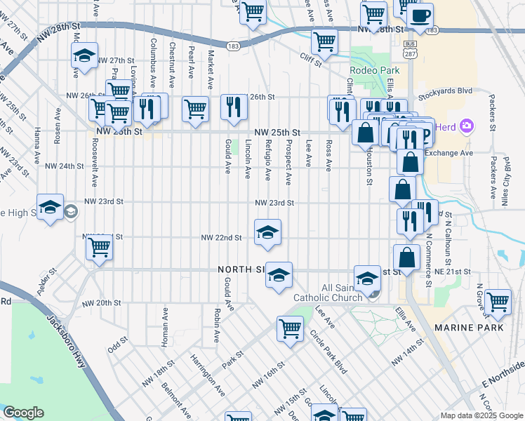 map of restaurants, bars, coffee shops, grocery stores, and more near 2212 Refugio Avenue in Fort Worth
