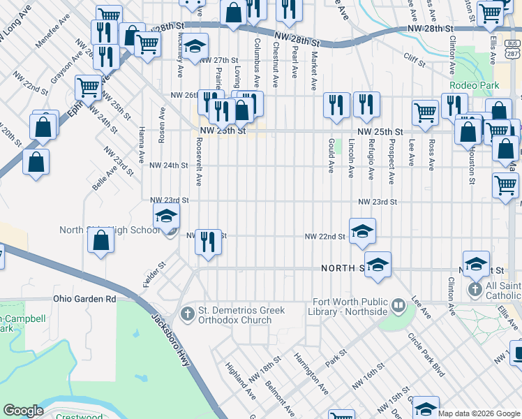 map of restaurants, bars, coffee shops, grocery stores, and more near 2213 Columbus Avenue in Fort Worth