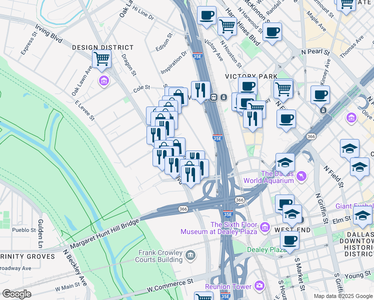 map of restaurants, bars, coffee shops, grocery stores, and more near 908 Dragon Street in Dallas