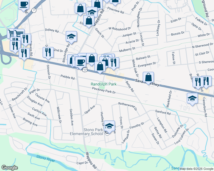map of restaurants, bars, coffee shops, grocery stores, and more near 1684 Pinckney Park Drive in Charleston