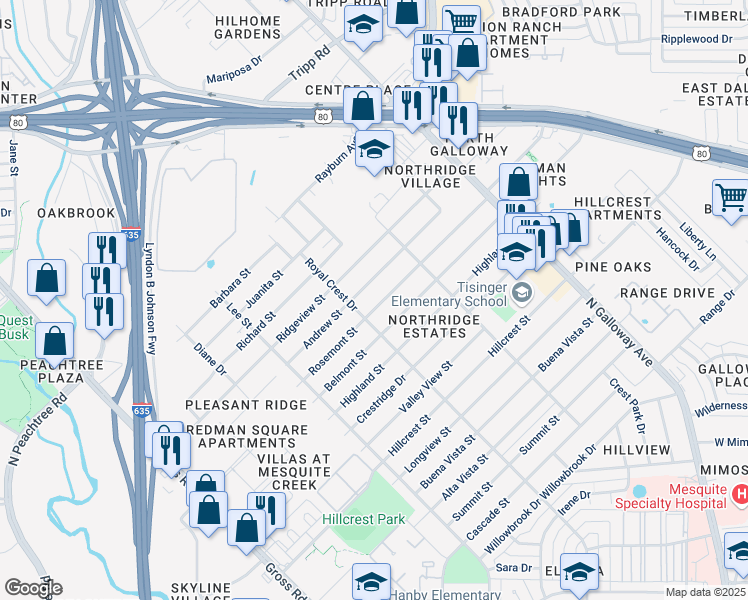map of restaurants, bars, coffee shops, grocery stores, and more near 1435 Rosemont Street in Mesquite