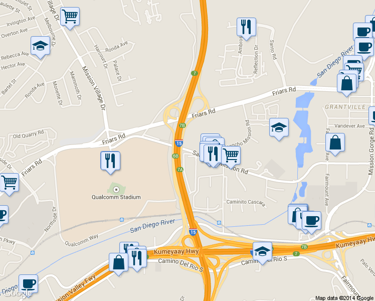 map of restaurants, bars, coffee shops, grocery stores, and more near 10303 San Diego Mission Road in San Diego