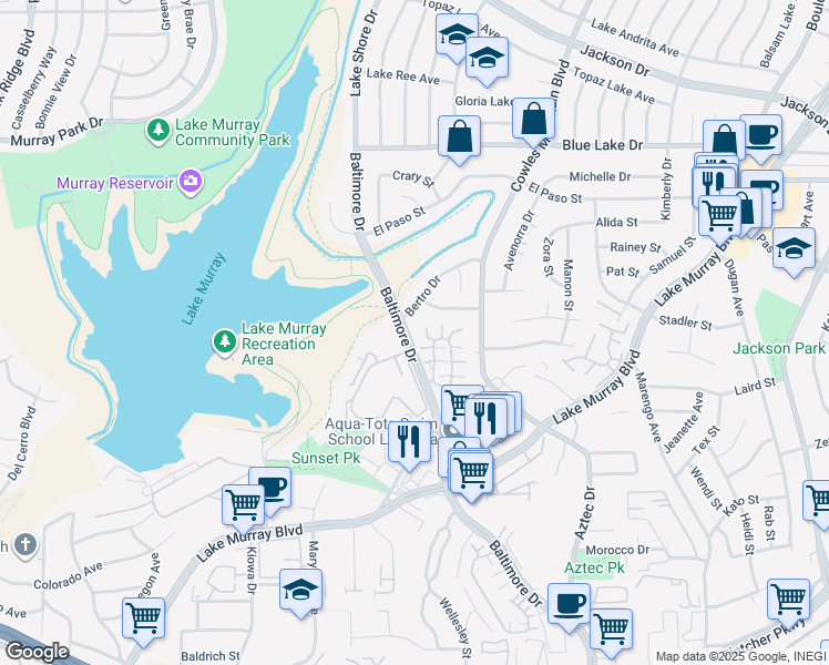 map of restaurants, bars, coffee shops, grocery stores, and more near 5877 Baltimore Drive in La Mesa