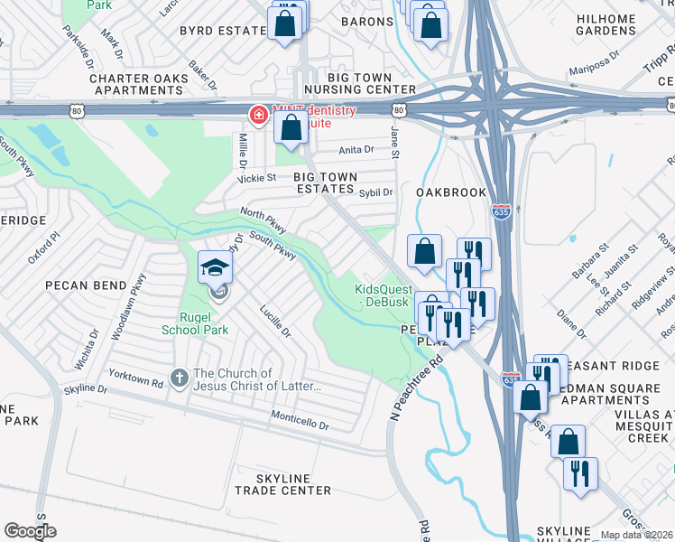 map of restaurants, bars, coffee shops, grocery stores, and more near 2332 Rose Marie Drive in Mesquite