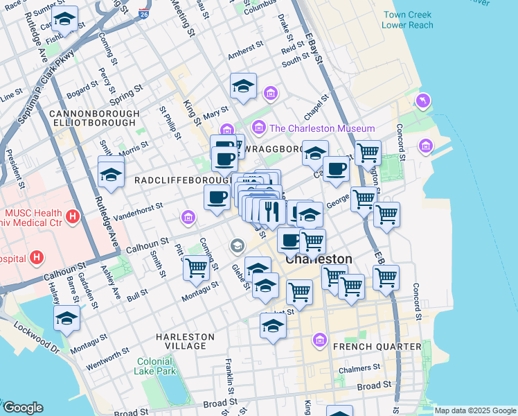map of restaurants, bars, coffee shops, grocery stores, and more near 145B Calhoun Street in Charleston