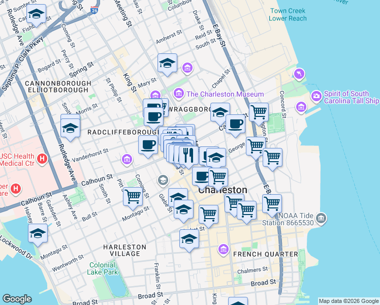 map of restaurants, bars, coffee shops, grocery stores, and more near 133 Calhoun Street in Charleston