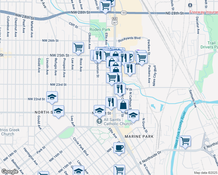 map of restaurants, bars, coffee shops, grocery stores, and more near 2212 Ellis Avenue in Fort Worth
