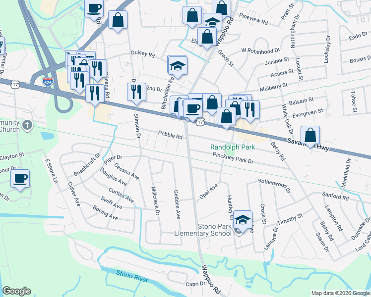 map of restaurants, bars, coffee shops, grocery stores, and more near 505 Wappoo Road in Charleston