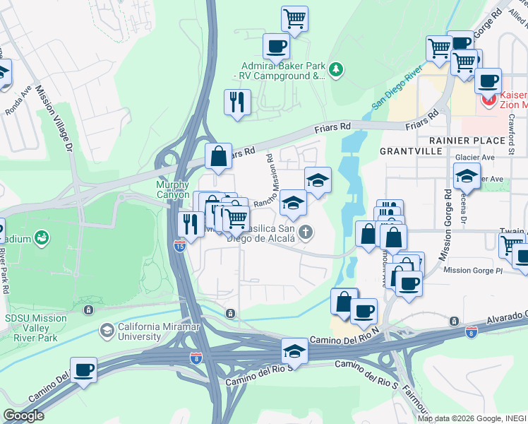 map of restaurants, bars, coffee shops, grocery stores, and more near 6191 Rancho Mission Road in San Diego