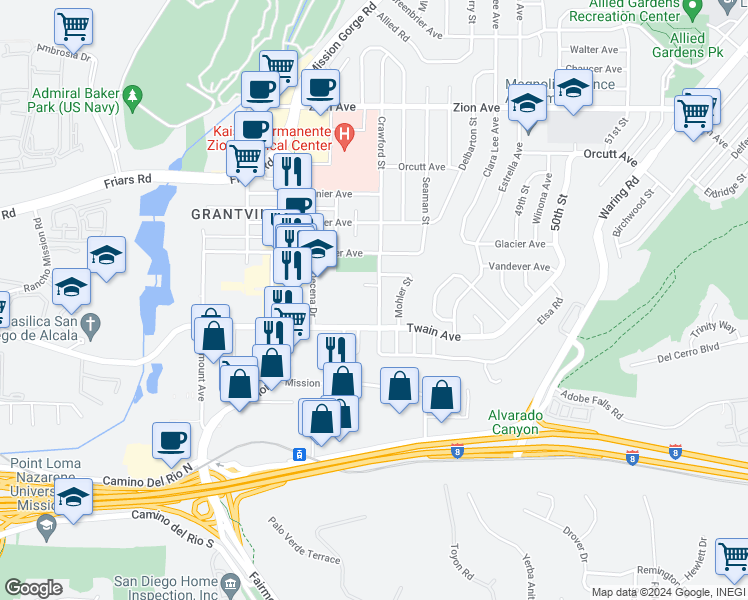 map of restaurants, bars, coffee shops, grocery stores, and more near 6140 Crawford Street in San Diego