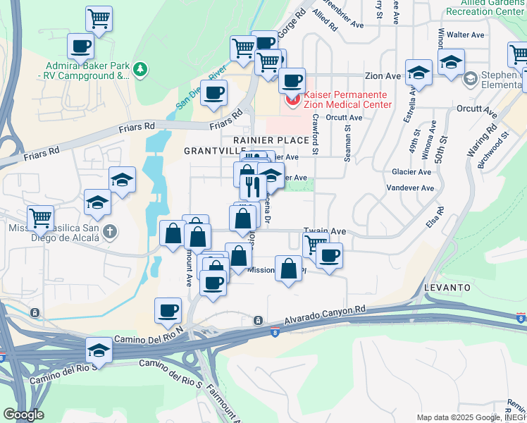 map of restaurants, bars, coffee shops, grocery stores, and more near in San Diego