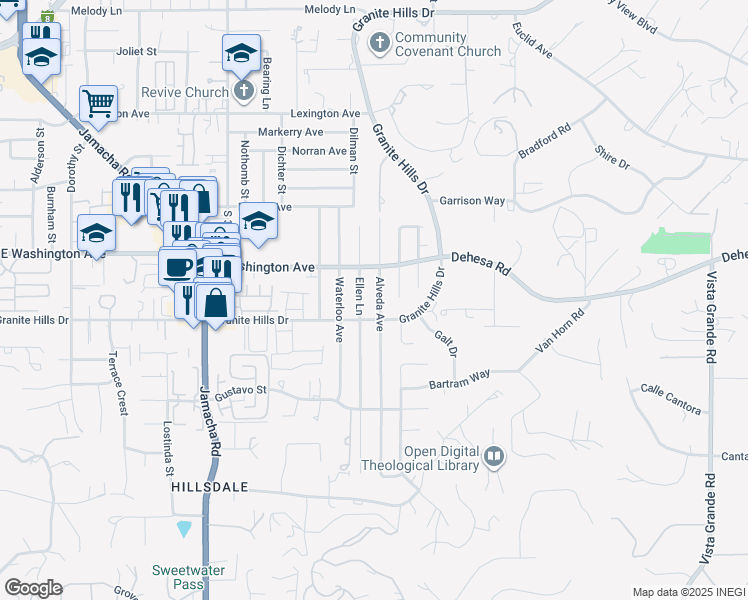 map of restaurants, bars, coffee shops, grocery stores, and more near 766 Alveda Avenue in El Cajon