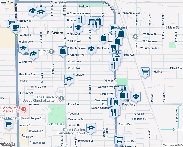 map of restaurants, bars, coffee shops, grocery stores, and more near 822 South 6th Street in El Centro