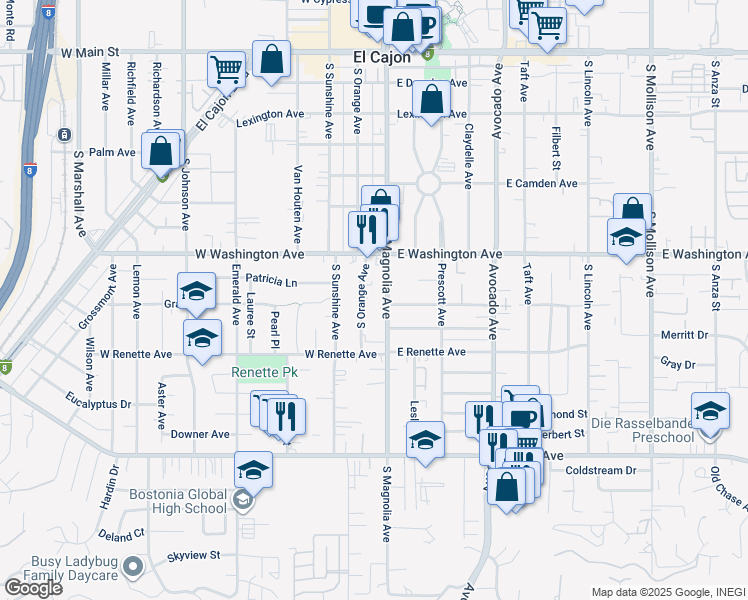 map of restaurants, bars, coffee shops, grocery stores, and more near 828 South Magnolia Avenue in El Cajon