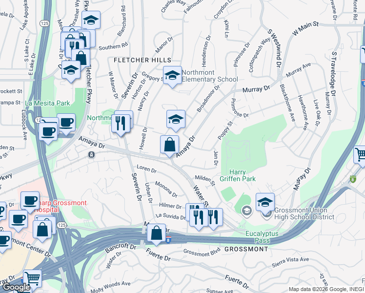 map of restaurants, bars, coffee shops, grocery stores, and more near 44 Amaya Drive in La Mesa