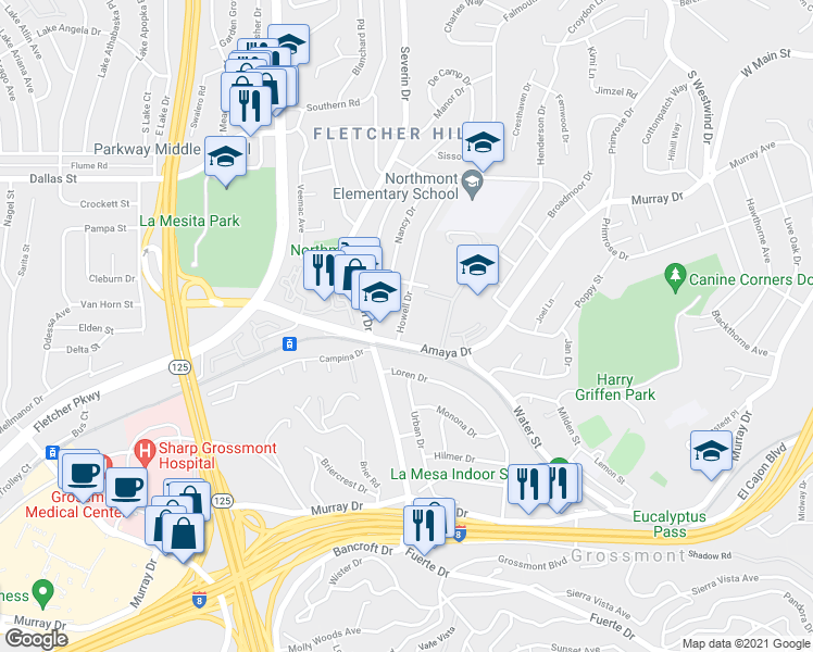 map of restaurants, bars, coffee shops, grocery stores, and more near 5742 Amaya Drive in La Mesa