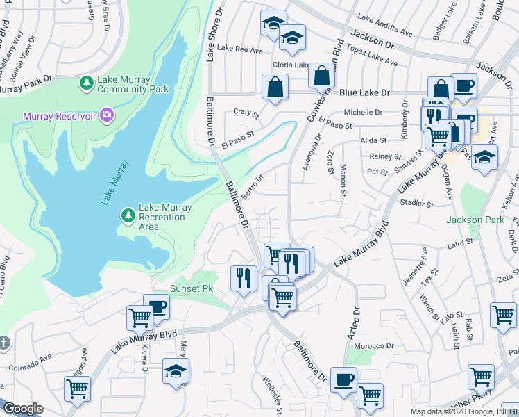 map of restaurants, bars, coffee shops, grocery stores, and more near 5715 Baltimore Drive in La Mesa