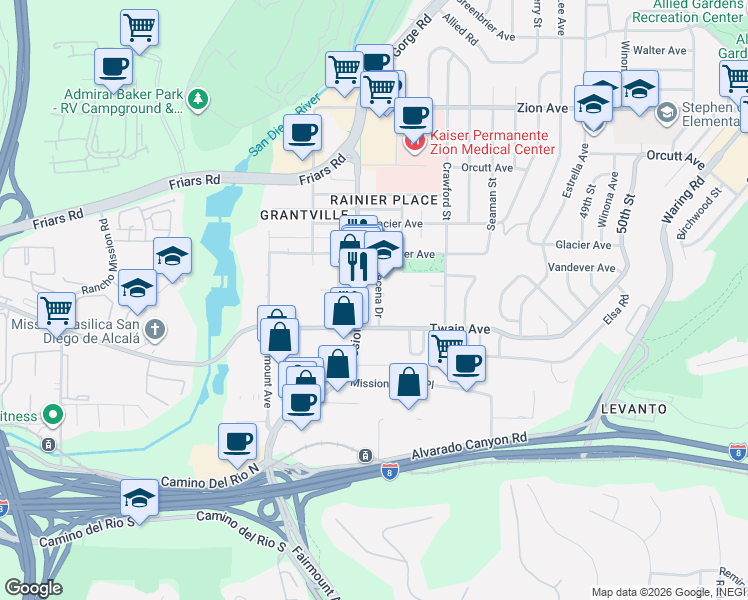 map of restaurants, bars, coffee shops, grocery stores, and more near 6115 Mission Gorge Road in San Diego
