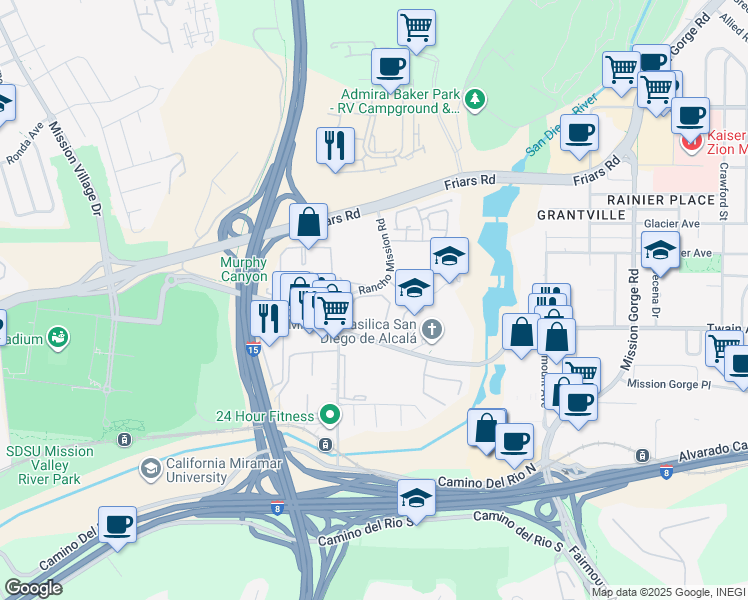 map of restaurants, bars, coffee shops, grocery stores, and more near 6191 Rancho Mission Road in San Diego