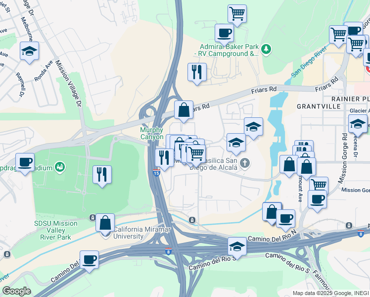 map of restaurants, bars, coffee shops, grocery stores, and more near 10402 Harlow Circle in San Diego