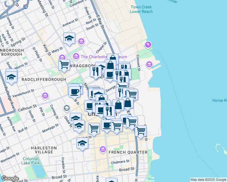 map of restaurants, bars, coffee shops, grocery stores, and more near 55 Laurens Street in Charleston