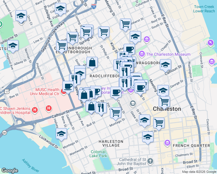 map of restaurants, bars, coffee shops, grocery stores, and more near 20 Duncan Street in Charleston