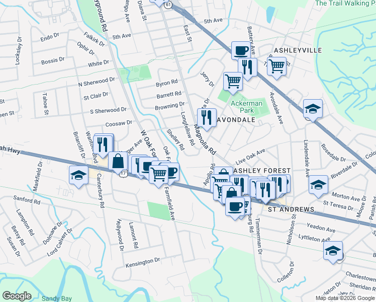 map of restaurants, bars, coffee shops, grocery stores, and more near 1027 Shelley Road in Charleston