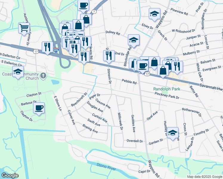 map of restaurants, bars, coffee shops, grocery stores, and more near 1908 Piper Drive in Charleston