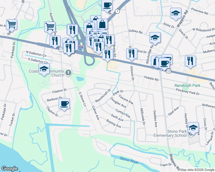 map of restaurants, bars, coffee shops, grocery stores, and more near 509 Beechcraft Street in Charleston