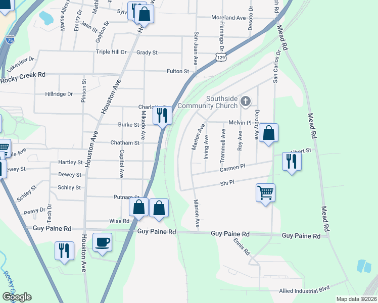 map of restaurants, bars, coffee shops, grocery stores, and more near 4315 Marion Avenue in Macon