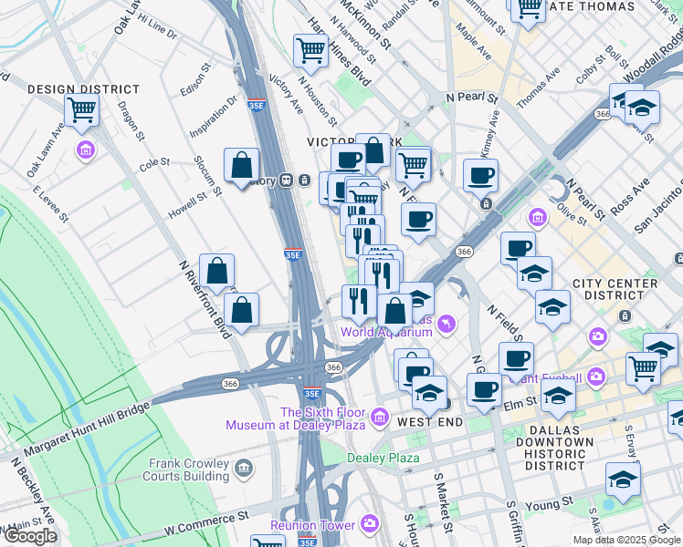 map of restaurants, bars, coffee shops, grocery stores, and more near 2427 North Houston Street in Dallas