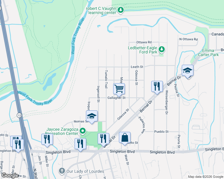 map of restaurants, bars, coffee shops, grocery stores, and more near 3514 Harlingen Street in Dallas