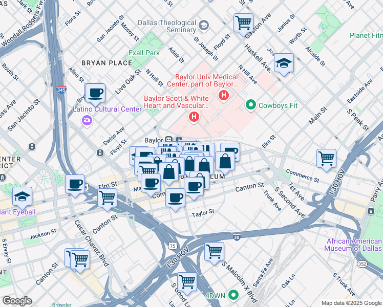 map of restaurants, bars, coffee shops, grocery stores, and more near 300 North Walton Street in Dallas