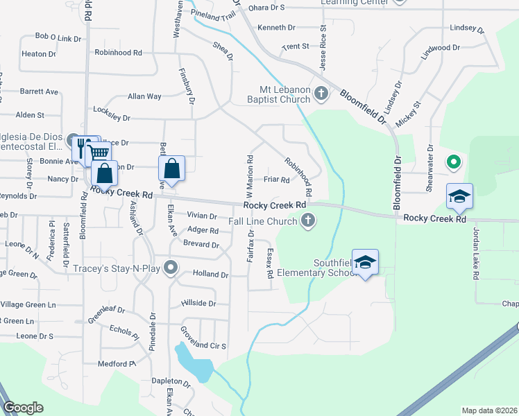 map of restaurants, bars, coffee shops, grocery stores, and more near 2346 Rocky Creek Road in Macon