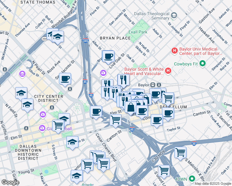map of restaurants, bars, coffee shops, grocery stores, and more near 2550 Pacific Avenue in Dallas