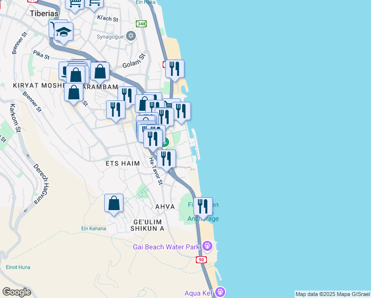 map of restaurants, bars, coffee shops, grocery stores, and more near Yigal Alon Promenade in Tverya