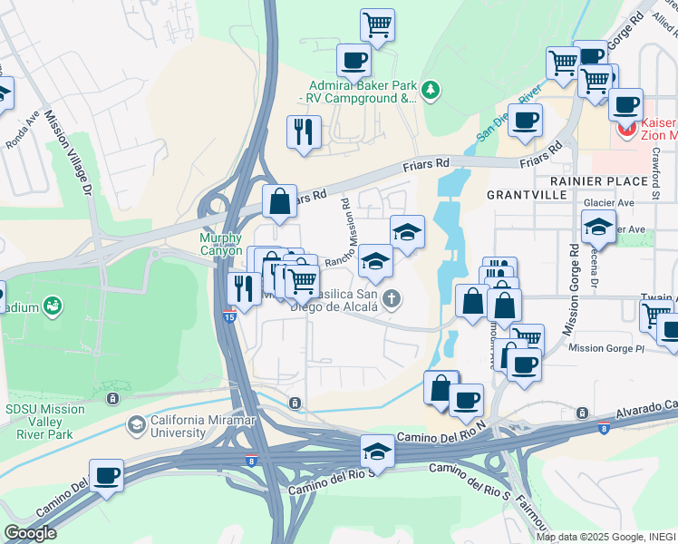 map of restaurants, bars, coffee shops, grocery stores, and more near 6191 Rancho Mission Road in San Diego