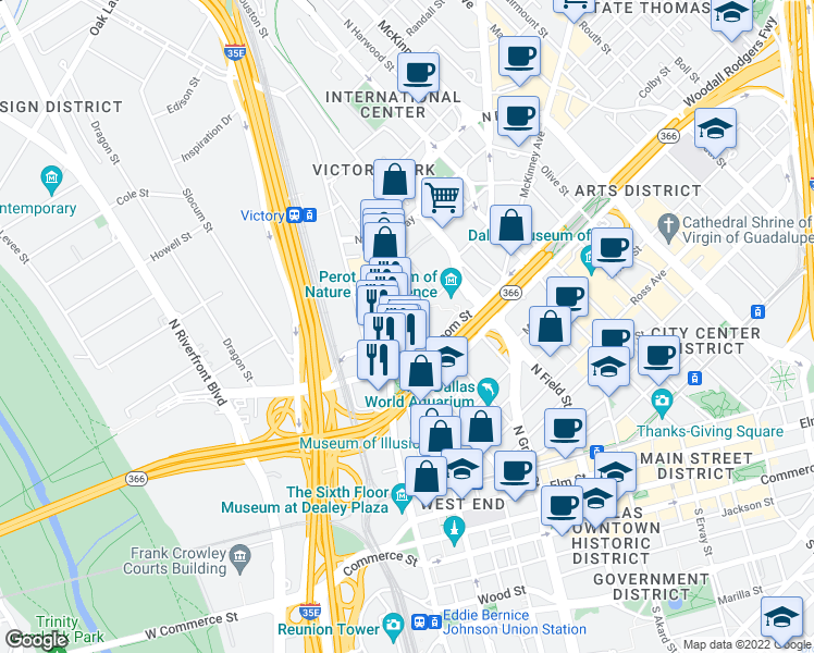 map of restaurants, bars, coffee shops, grocery stores, and more near 2305 Laws Street in Dallas