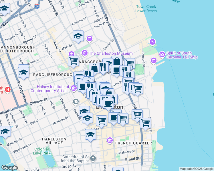 map of restaurants, bars, coffee shops, grocery stores, and more near 9 George Street in Charleston