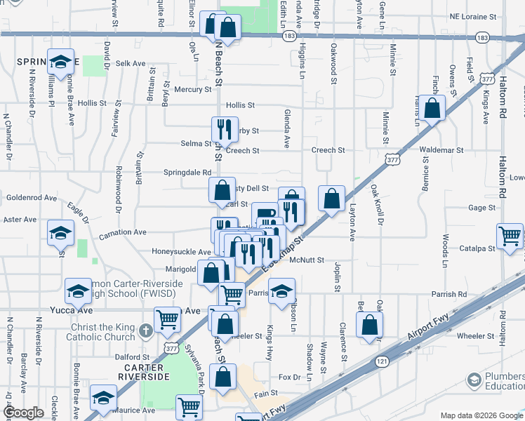 map of restaurants, bars, coffee shops, grocery stores, and more near 4001 Carnation Avenue in Haltom City