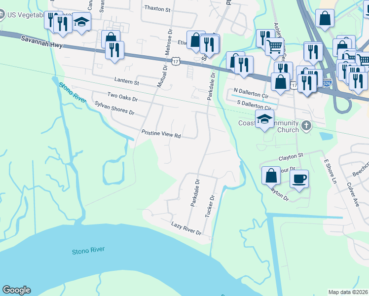 map of restaurants, bars, coffee shops, grocery stores, and more near 415 Parkdale Drive in Charleston