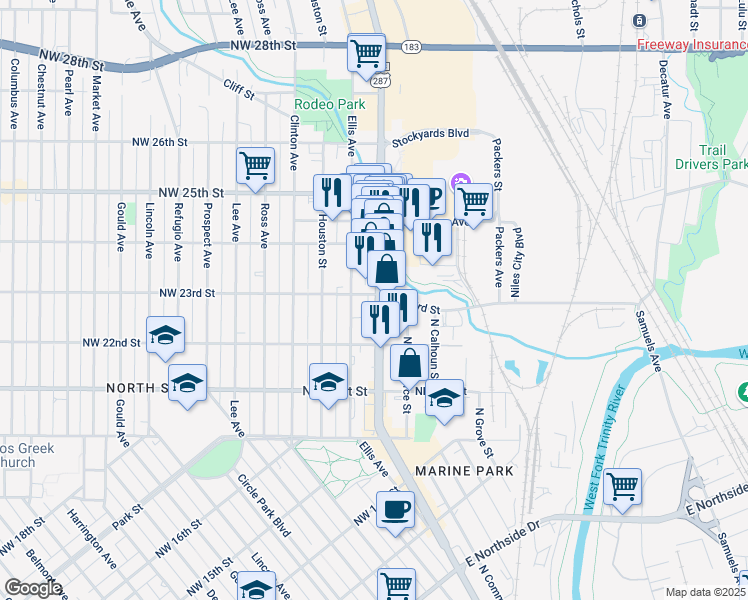 map of restaurants, bars, coffee shops, grocery stores, and more near 2212 Ellis Avenue in Fort Worth